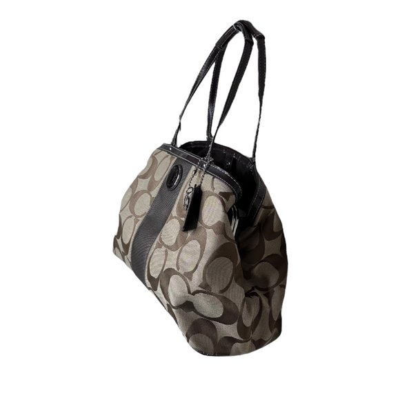 Coach Khaki and Mahogany Stripe Signature Kisslock Carryall Bag F19190 - Picture 3 of 13